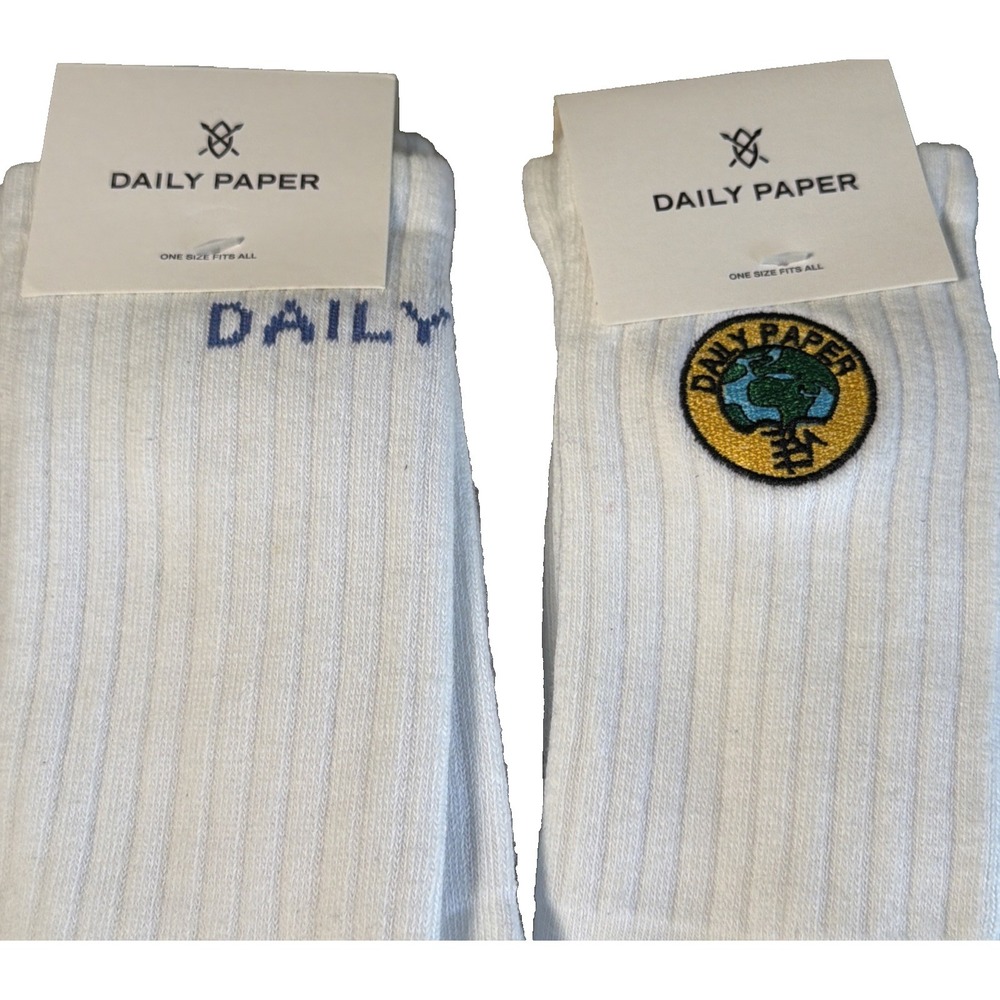 Set Of 2 Daily Paper White Unisex Socks One Size Fits All Embroidered Earth